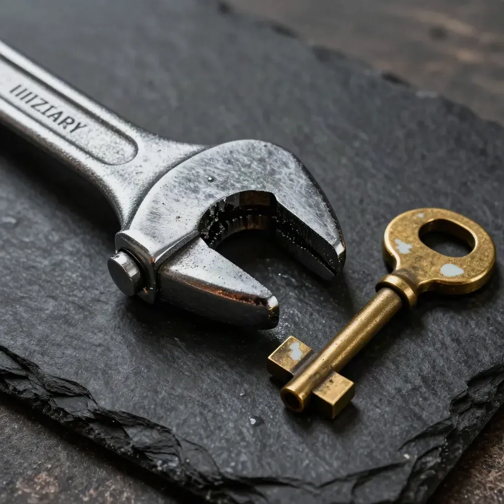 Rail clamp, wrench head, and signal key on dark stone in a dramatic macro still life.