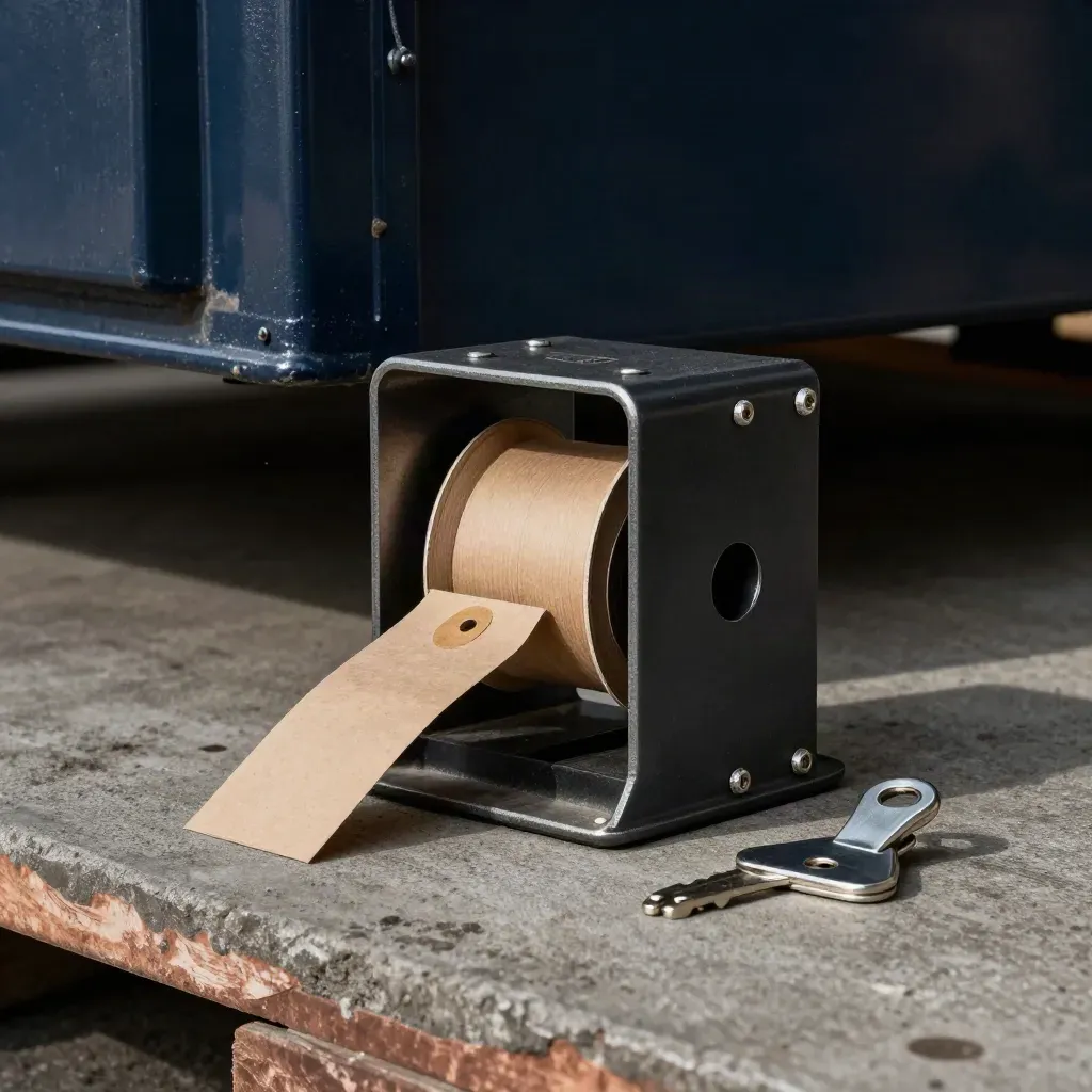 Warehouse scanner cradle with shipping-tag spool and pallet clip on brushed concrete.