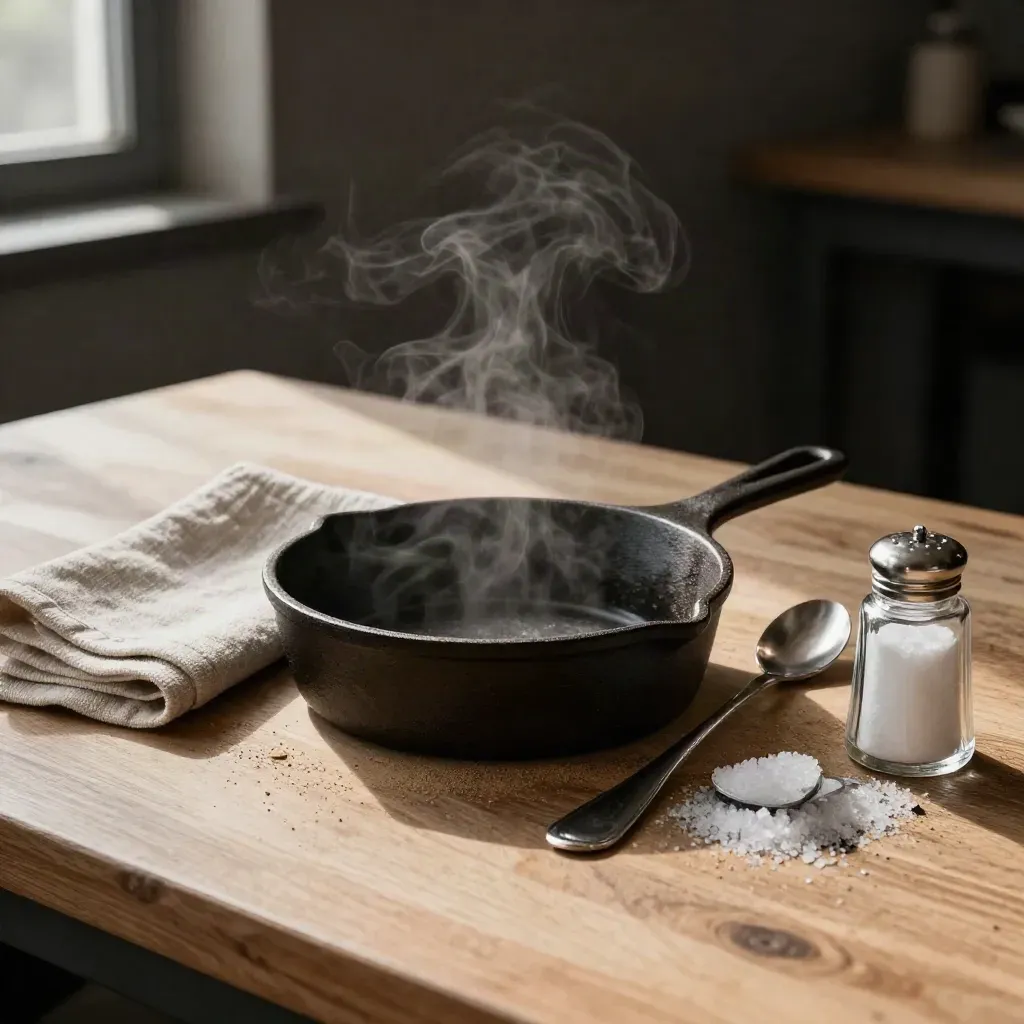 Warm chef’s tasting tools on pale oak with steam and soft shadow.