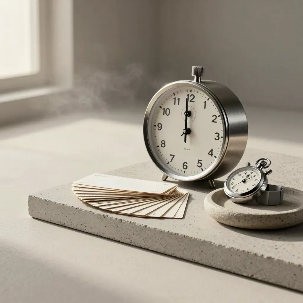 Brushed-steel punch clock with time cards, stopwatch, and shift ring on concrete.