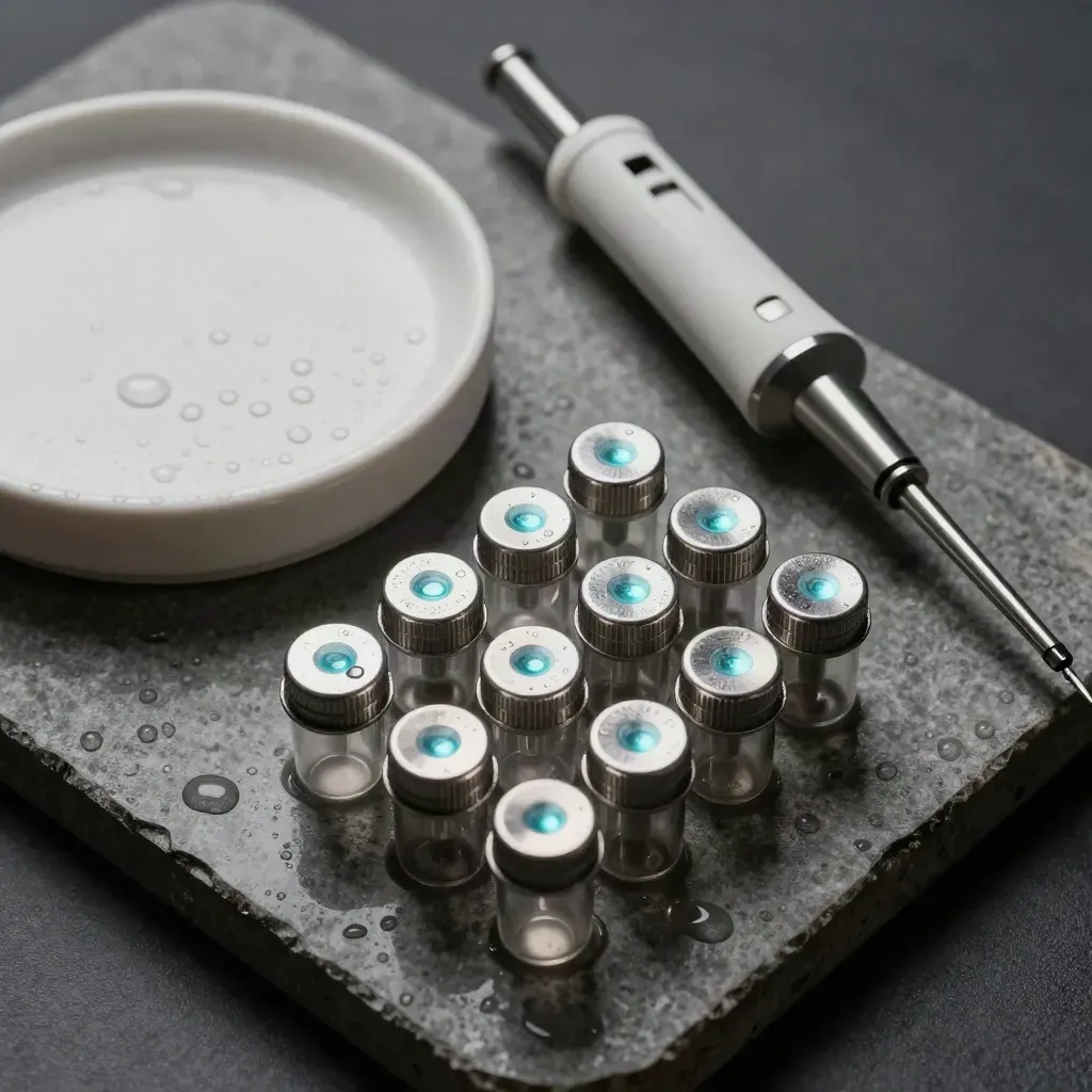Top-down macro of lab tools on stone, with condensation and cyan reflections.
