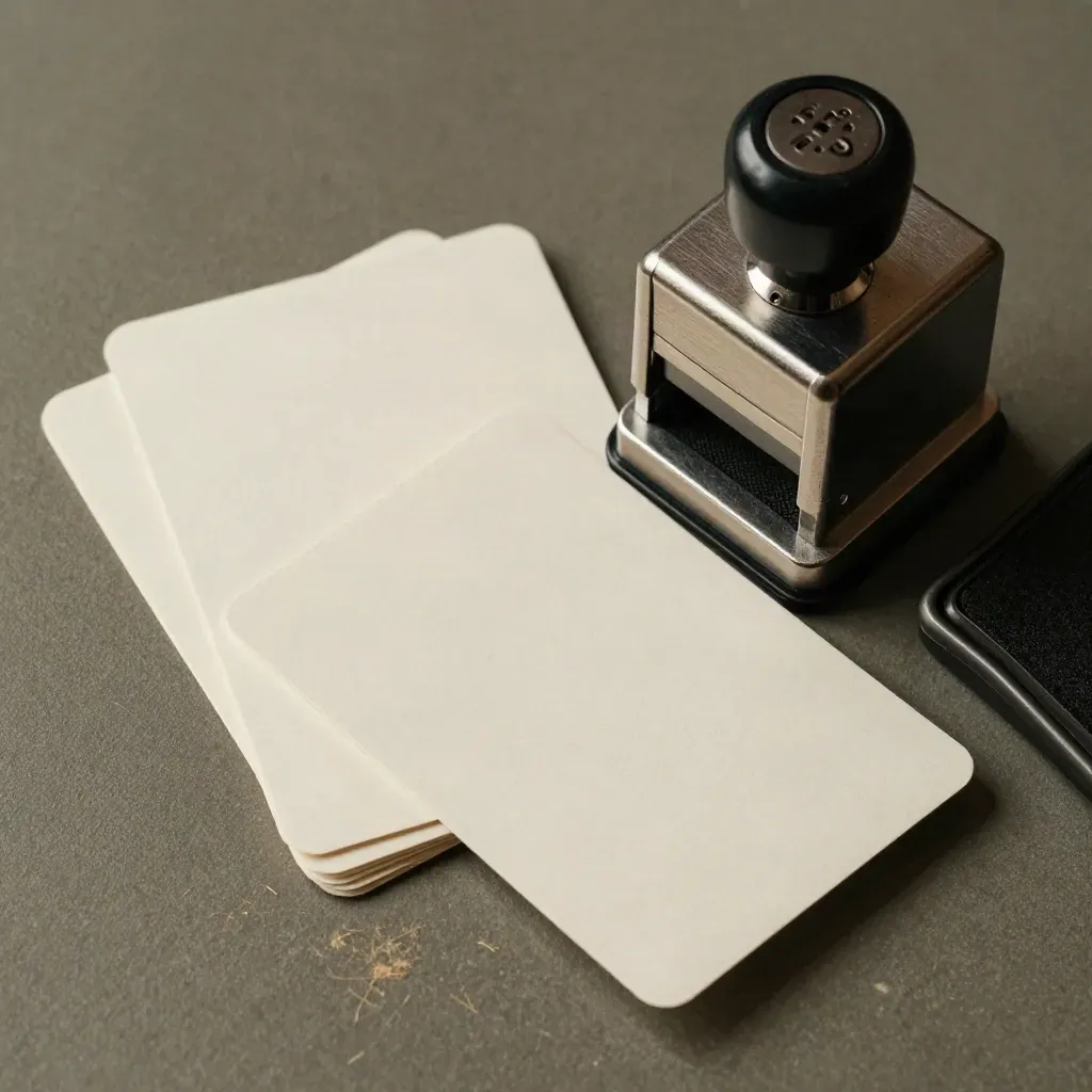 Overhead still life of time cards, a steel time stamp, and a face-down ink pad on graphite.