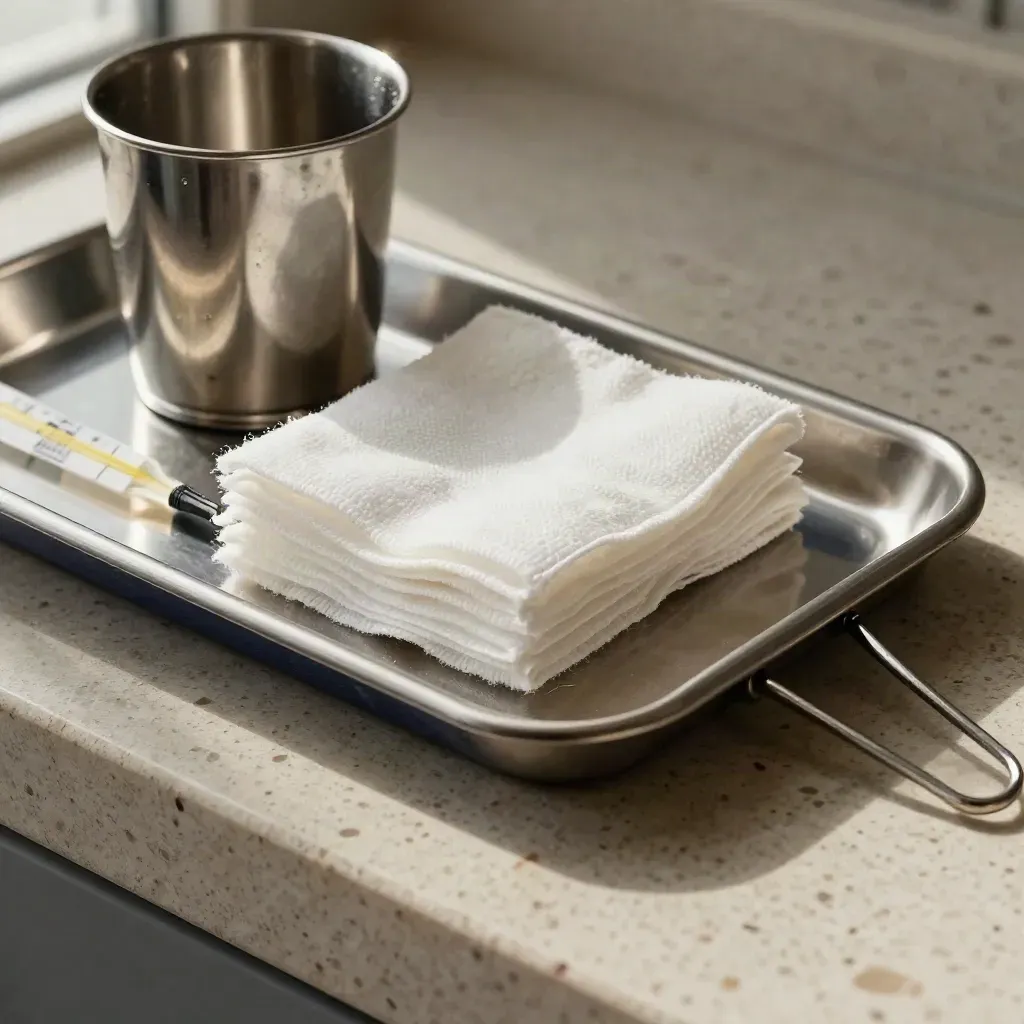 Medication cup, gauze, thermometer probe and metal tray on cool stone in soft clinical light.