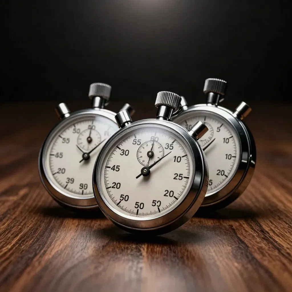 Three stopwatch dials with a brushed metal timing ring on a dark workbench.