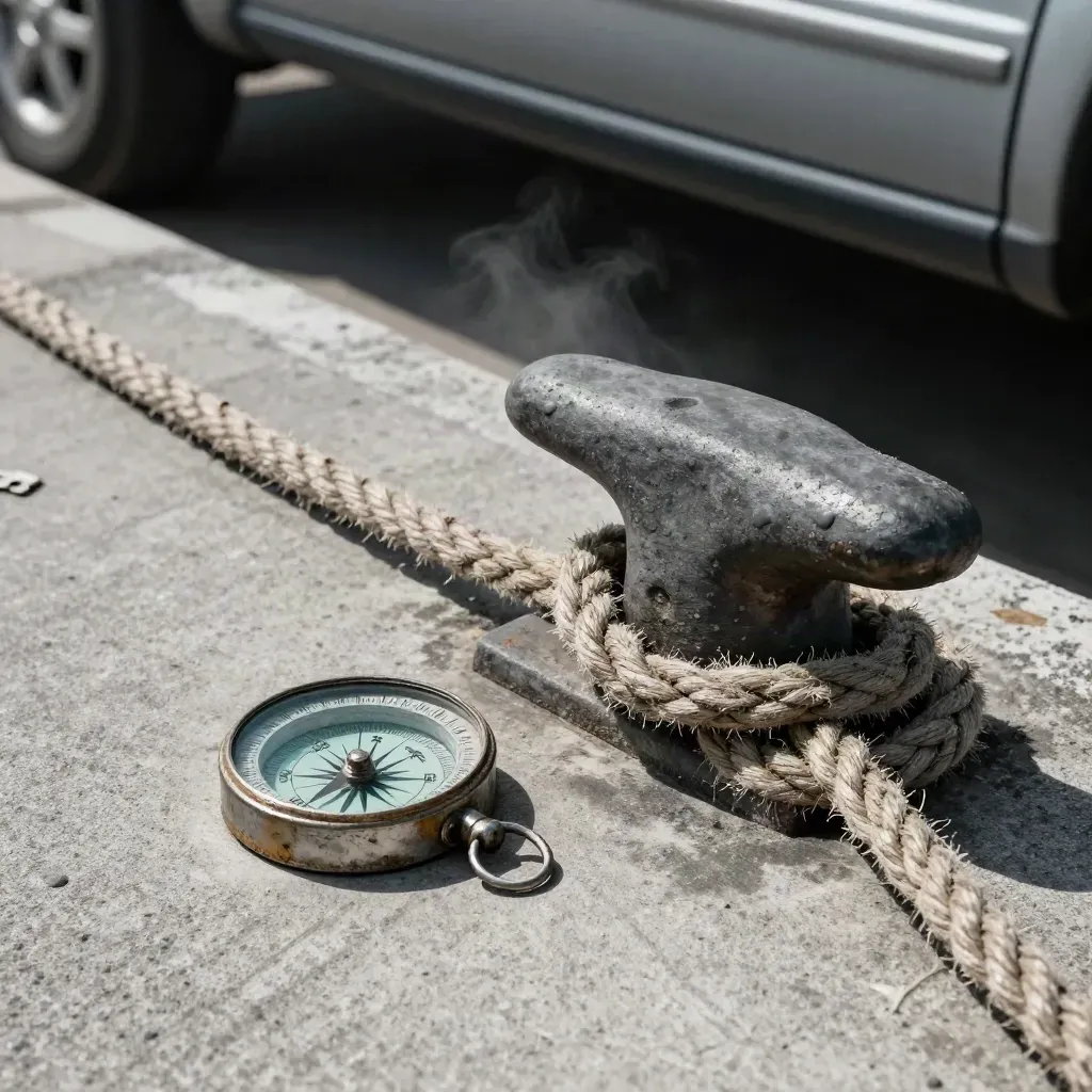 Hemp mooring line, cleat, and compass housing on pale concrete in dramatic harbor light.