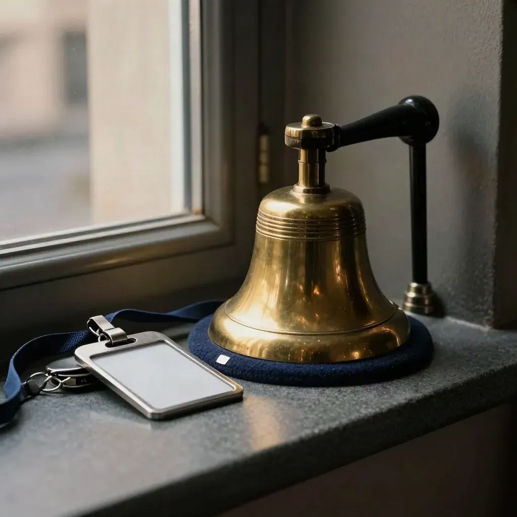 Brass attendance bell, punch lever, and badge reels on a graphite stone ledge.