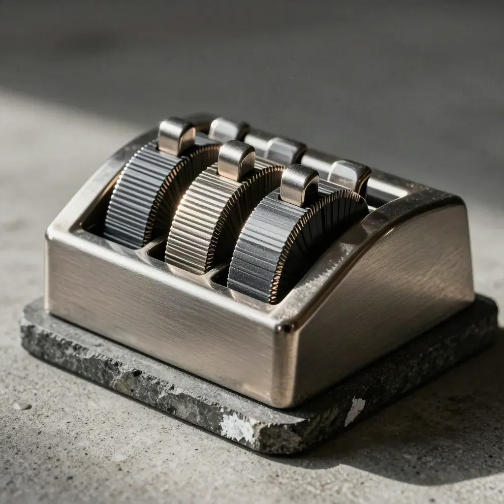 Metal tally counters, paperweight, and index tabs on stone in dramatic close-up.
