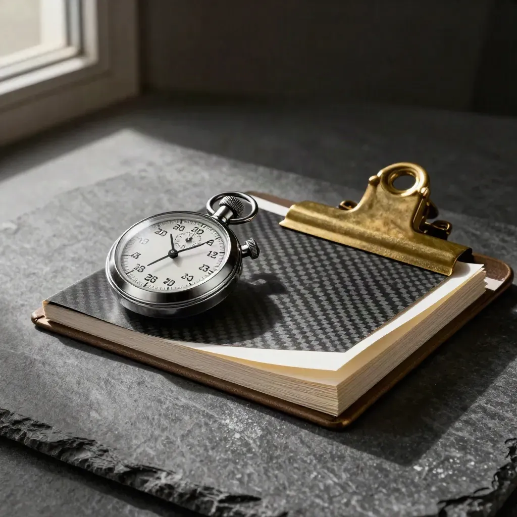 Stopwatch, brass ledger clip, and face-down carbon-copy packet on a stone surface.