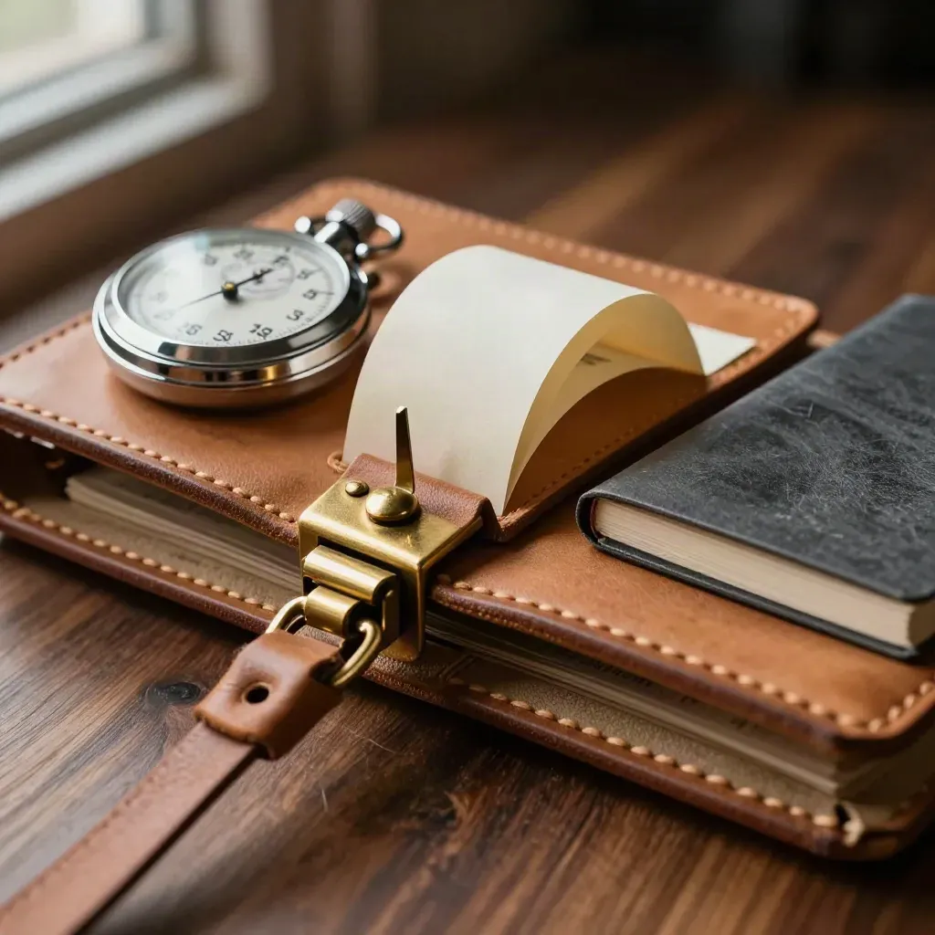 Leather billing kit with stopwatch, receipt spike and notebook on walnut, shot through soft foreground blur.
