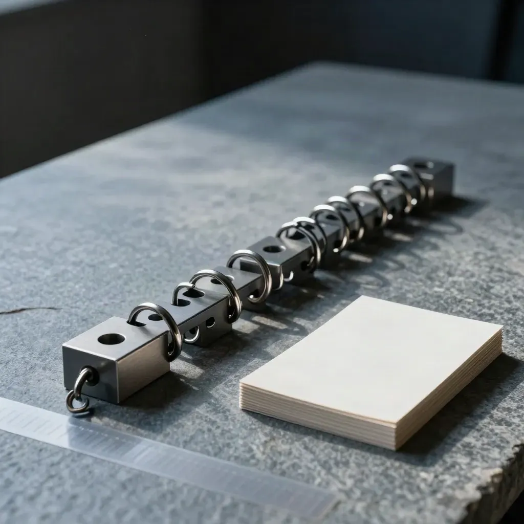 Top-down still life of project blocks, linked rings, and proof cards on brushed stone.