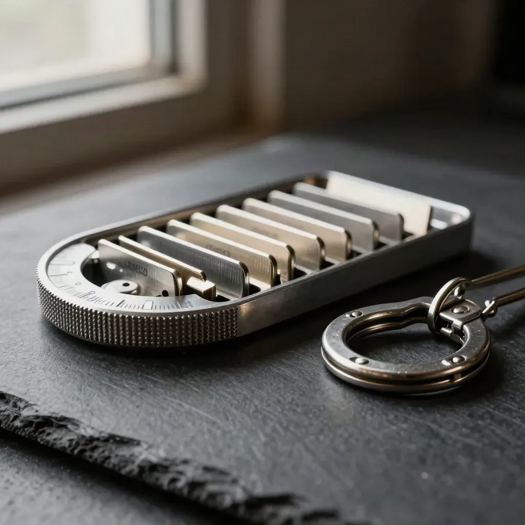 Close-up of a roster wheel, shift tokens, and key ring on slate in warehouse haze