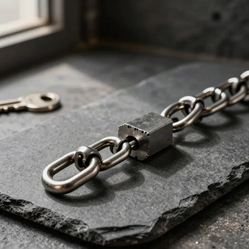 Machined steel links, rings, and a connector block arranged diagonally on matte graphite in moody light.