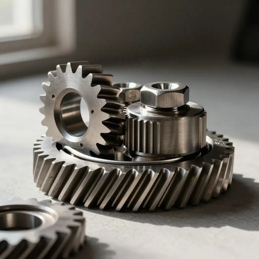 Precision gears, hex fasteners, and a knurled coupling sleeve on brushed metal.