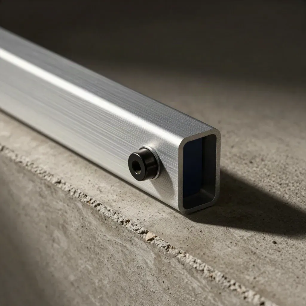 Aluminum rails and brackets locking together on pale concrete with a navy accent