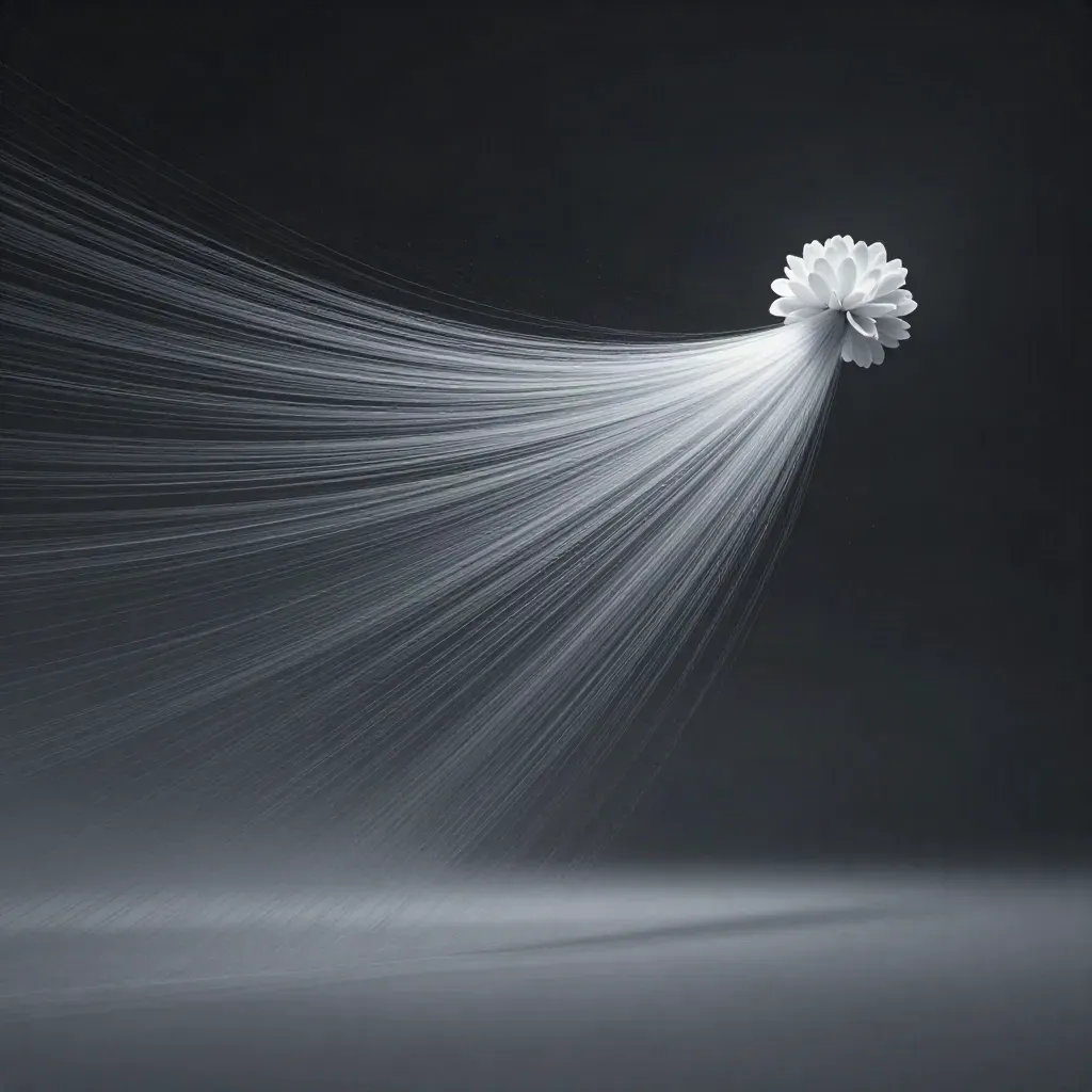 Silver light filaments converge into a soft bloom in a dark graphite void.
