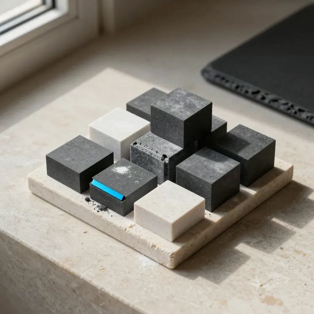 Graphite blocks, magnetic links, and pale stone in a top-down still life with cyan accents.